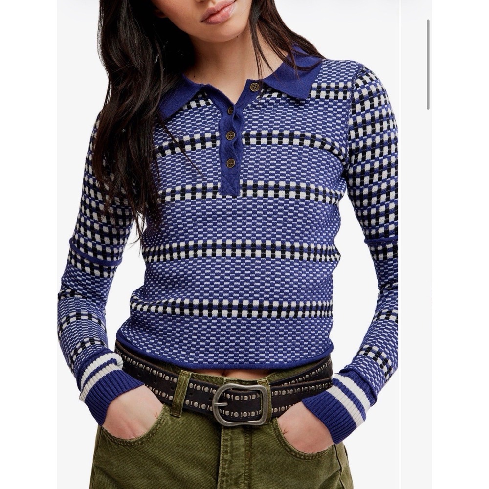 Free People we the free Level Up Top Polo Sz S Navy Combo Fitted Textured Knit